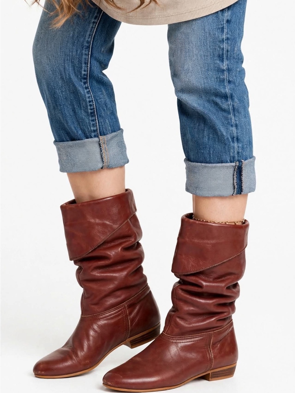 Dex Brown Leather Slouch Fold-Over Mid-Calf Flat Boots Womens 6.5M USA